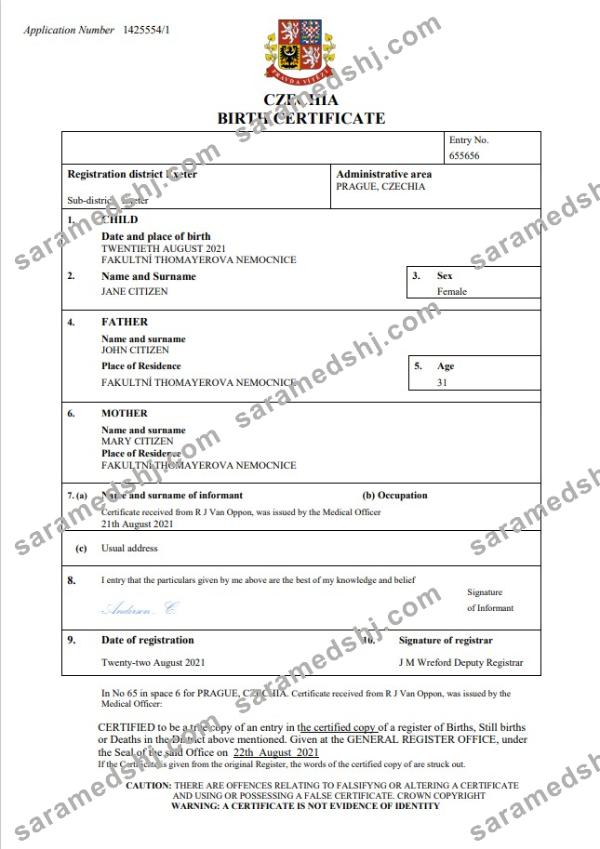 Czechia vital record birth certificate Word and PDF template